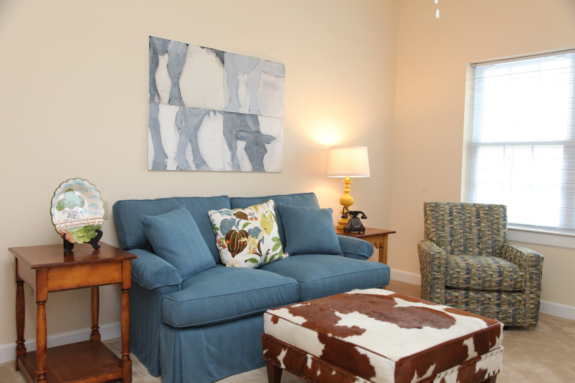 a blue couch in a living room